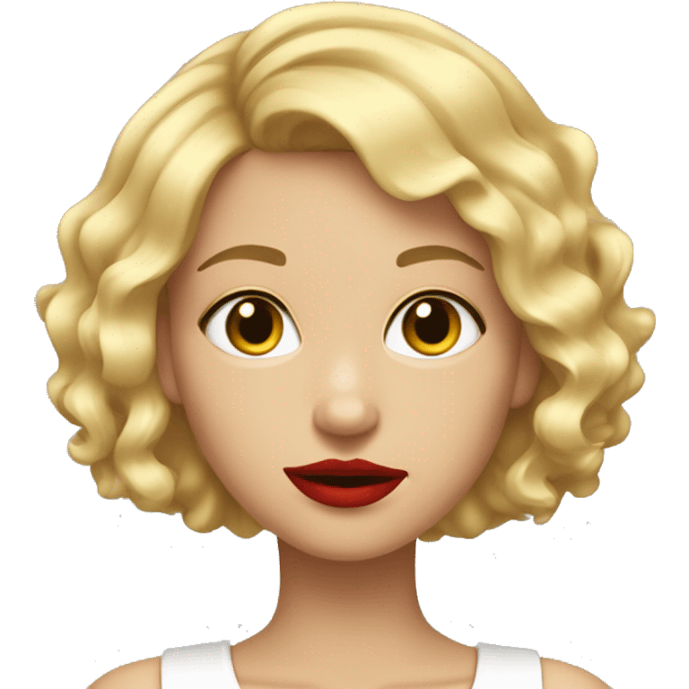 blond girl with a short bob, lose curly putting on red lipstick emoji