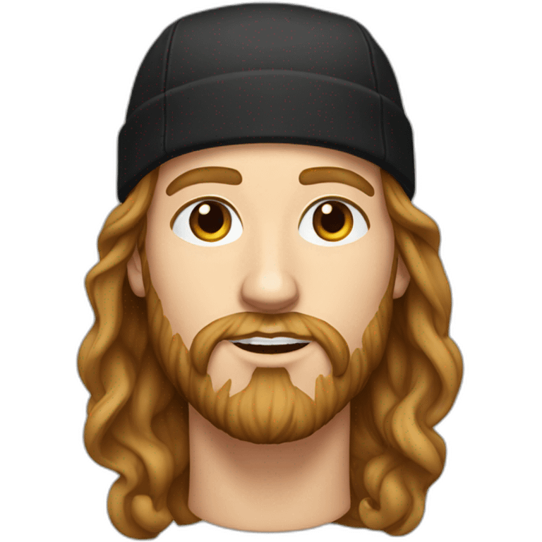 young white man with long hair, a black cap and a brown beard. he wears earrings emoji