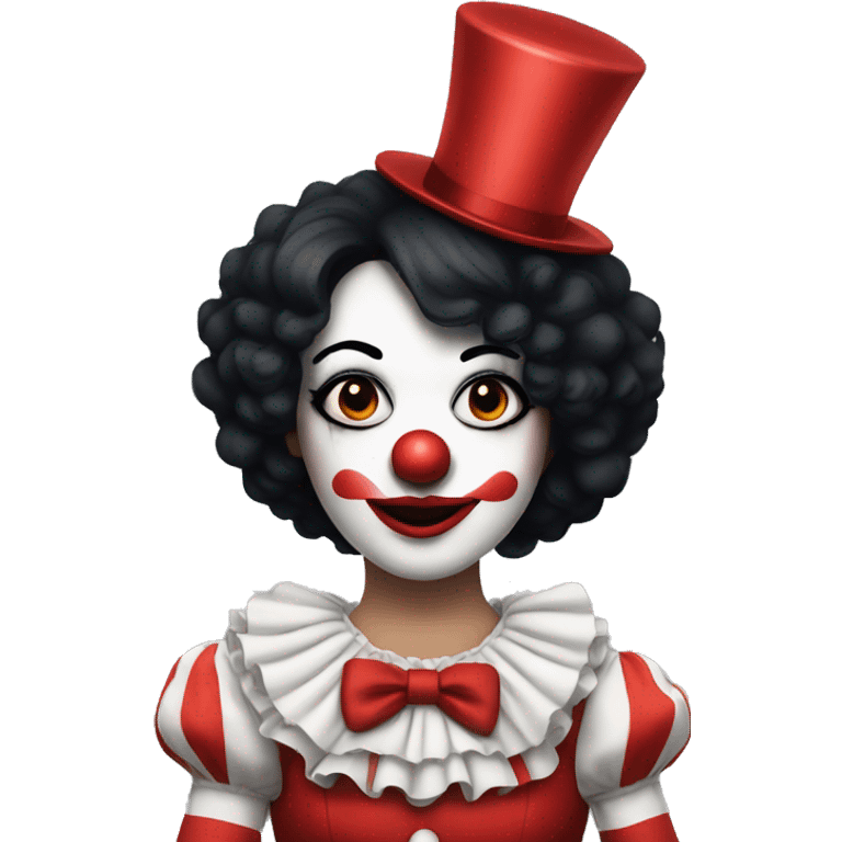 Female Clown with black hair, big red nose, and white makeup emoji