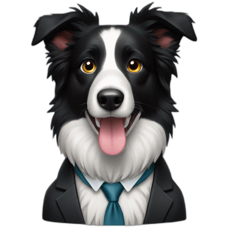 a black border collie wearing a suit emoji