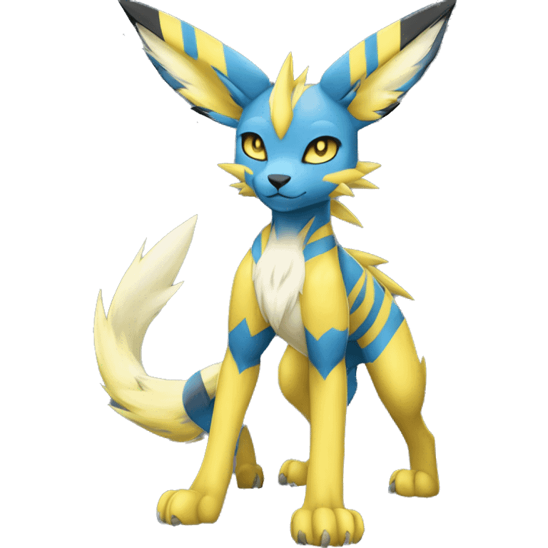 Anthro Edgy Cool Zeraora-Lombax-Jolteon-Pokémon-Fakémon with shiny blue stripes Full Body Detailed High Quality emoji