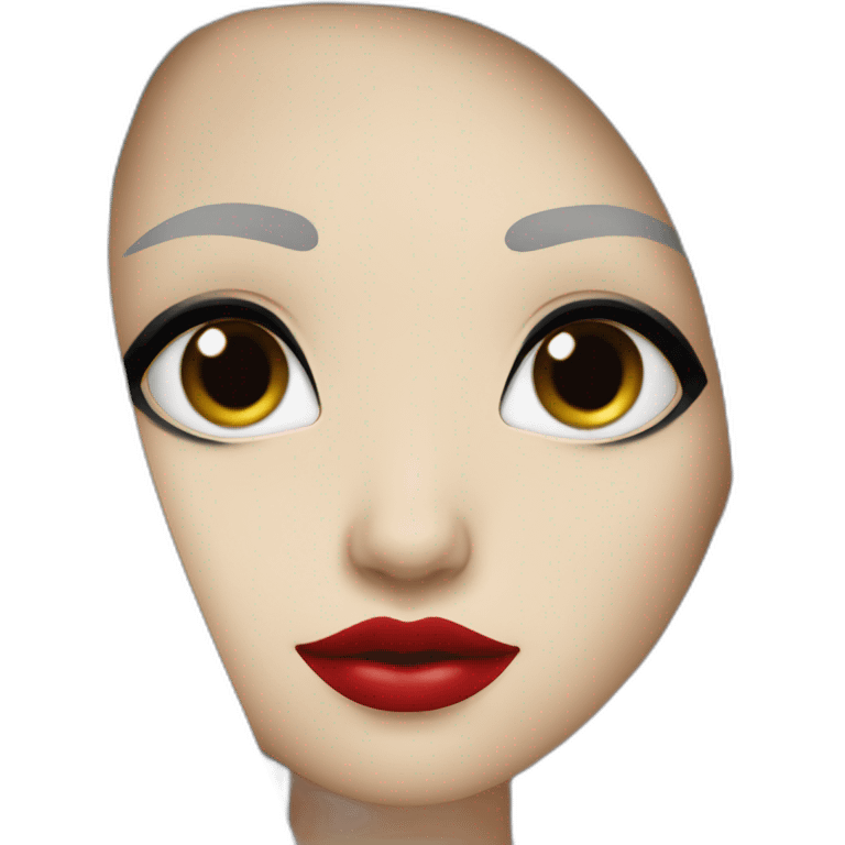 long straight black hair, red lipstick, black eyes, white skin and a small nose emoji