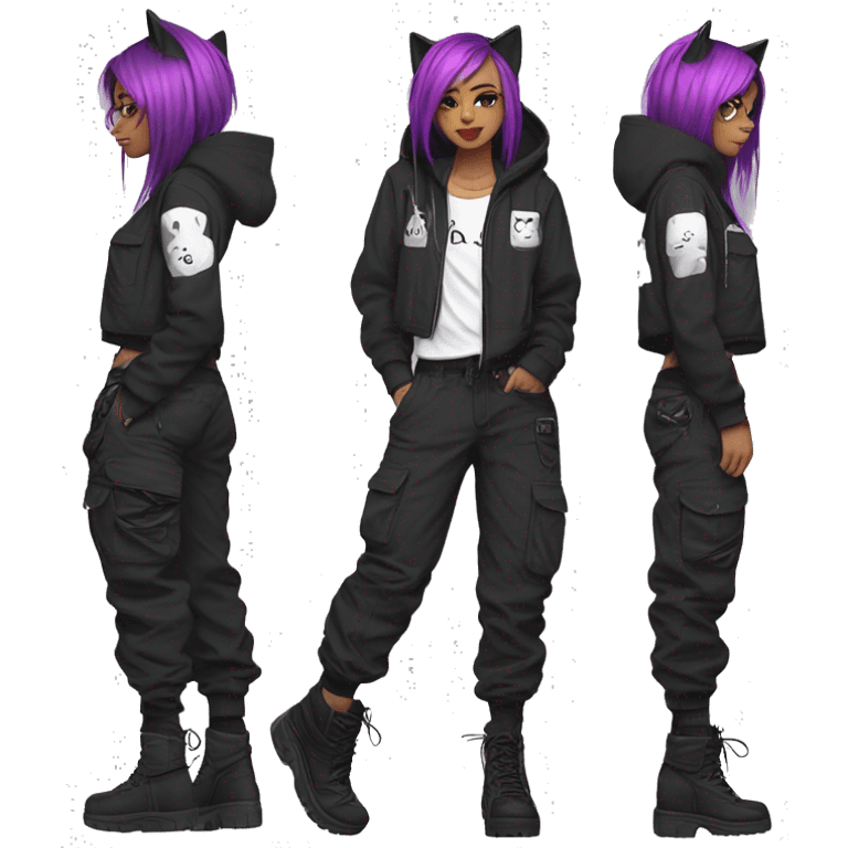 Edgy beautiful pretty anime punk tomboy with cat ears techwear cargo pants hoodie emoji