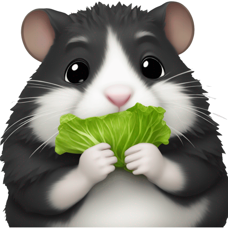 chubby realistic black fuzzy hamster eating a small piece of lettuce emoji