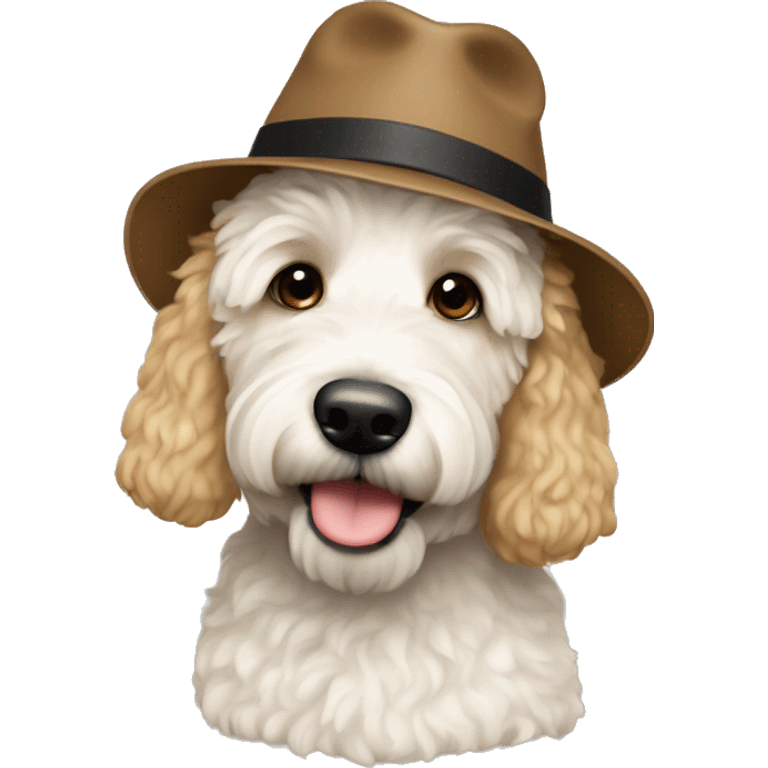 White mini golden doodle with man backwards hat brown hair emoji