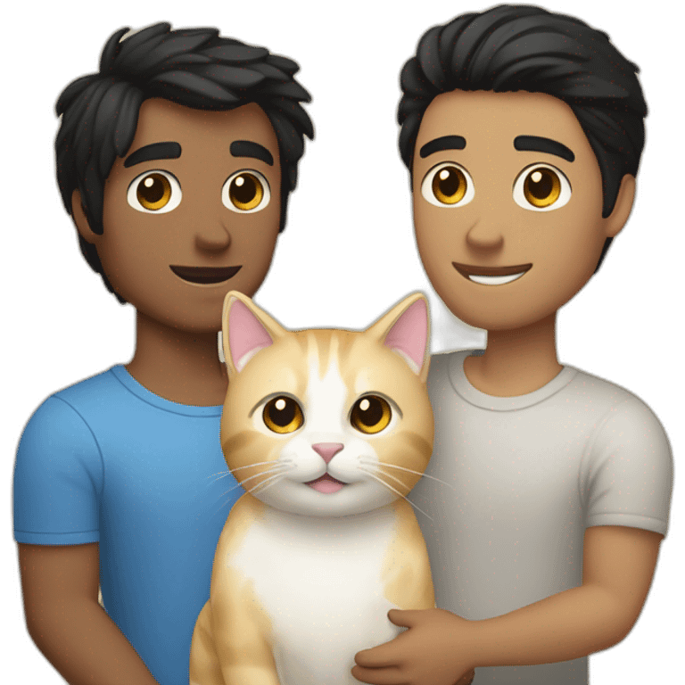 Gay couple, 1 guy Latino black straight black hair and 1 Australian white guy with blonde slightly curly hair holding a cat emoji