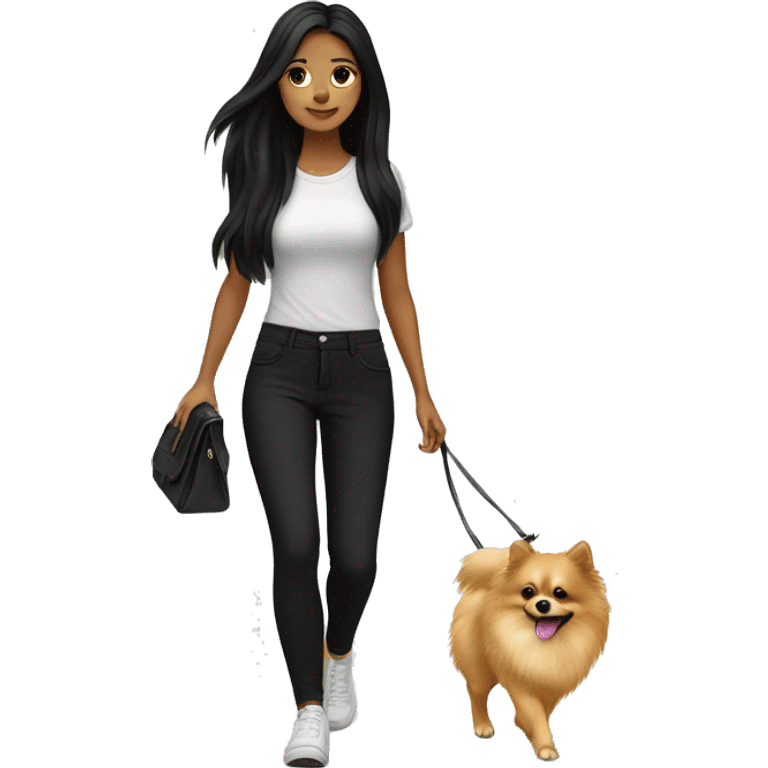 pale girl with long black hair wearing black pants walking with pomeranian emoji