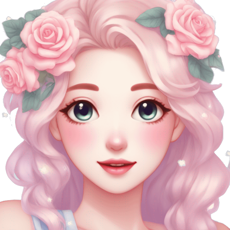 Gorgeous pastel anime style lady with blushing face and roses cottagecore fairycore pastelcore shiny colorful pearly aesthetic trending style emoji