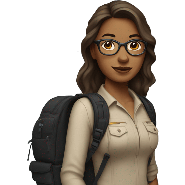 A Woman with Long Brown Hair, dark Glases, light Brown Skin with a black Backpack and in the Background a Aircraft  emoji