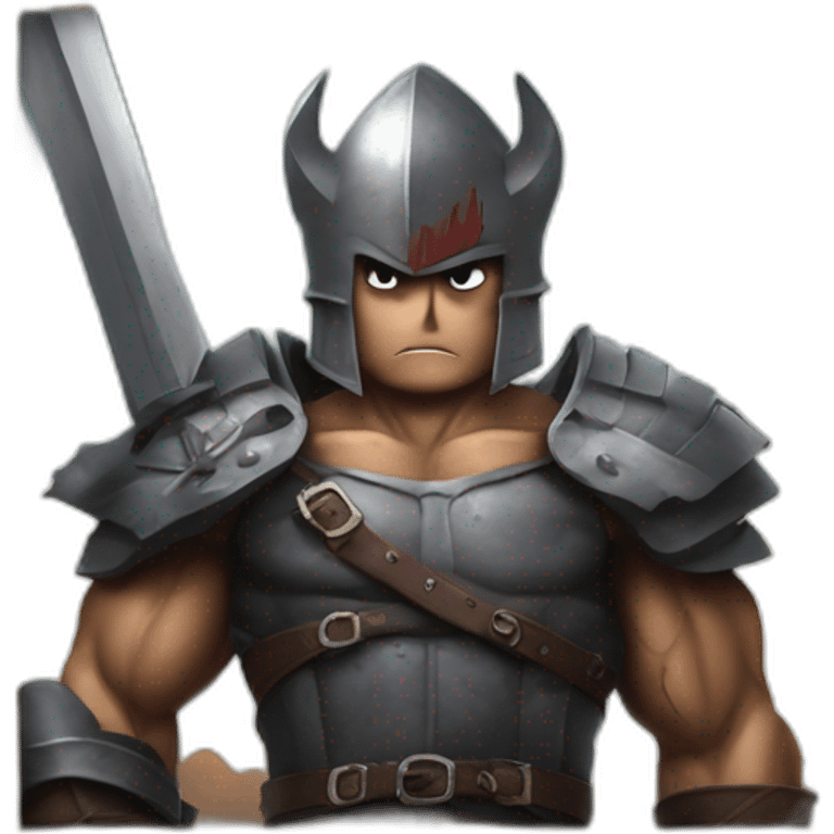 angry berserk guts carrying a huge sword on his shoulder framed on his bust emoji