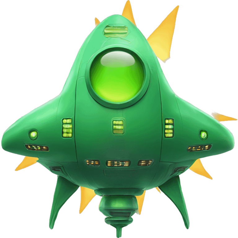 Green spaceship next to the sun emoji