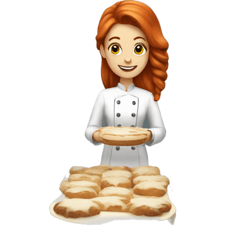 A redhead with long hair pastry chef making a cake emoji