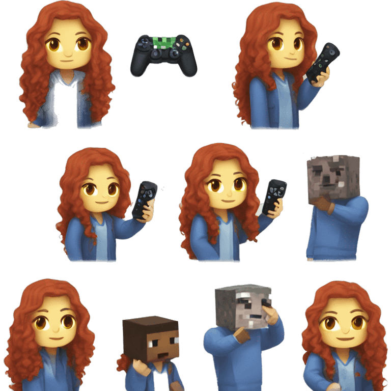 a white girl with long red curly hair, wearing periwinkle Minecraft hoodie holding a controller emoji