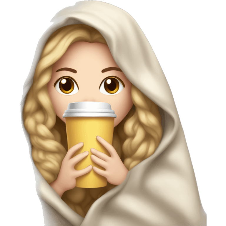 White girl inside a blanket sipping coffee eyes closed emoji