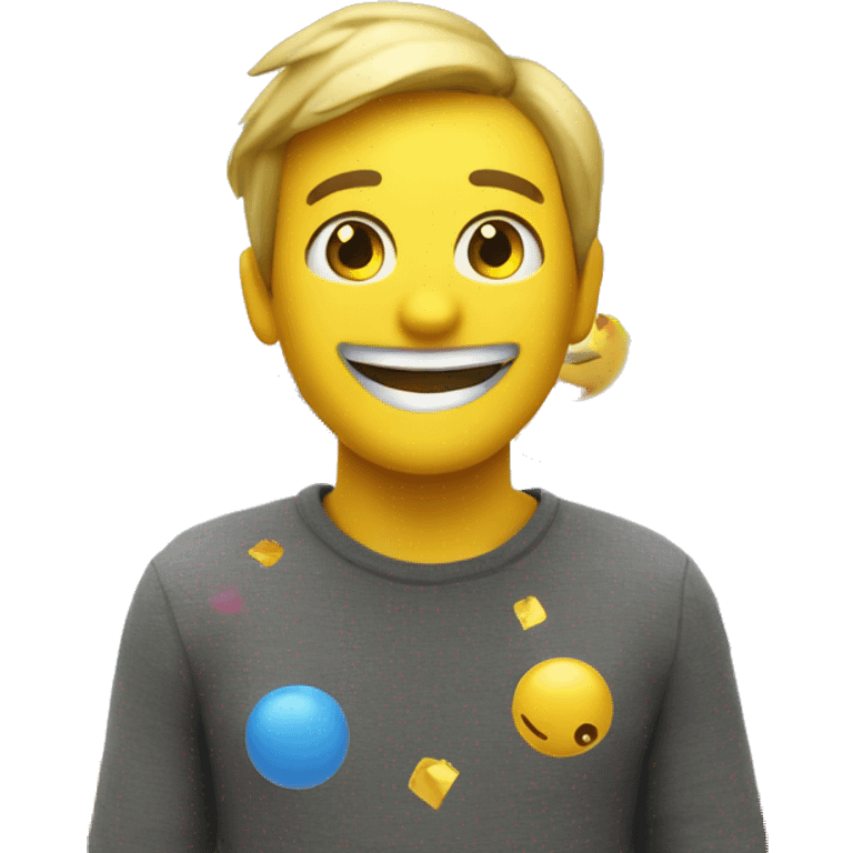 reate a 3D happy emoji with a bright yellow sphere, large sparkling eyes, and a wide grin. Add colorful confetti around it, and use a glossy finish for a vibrant look. emoji