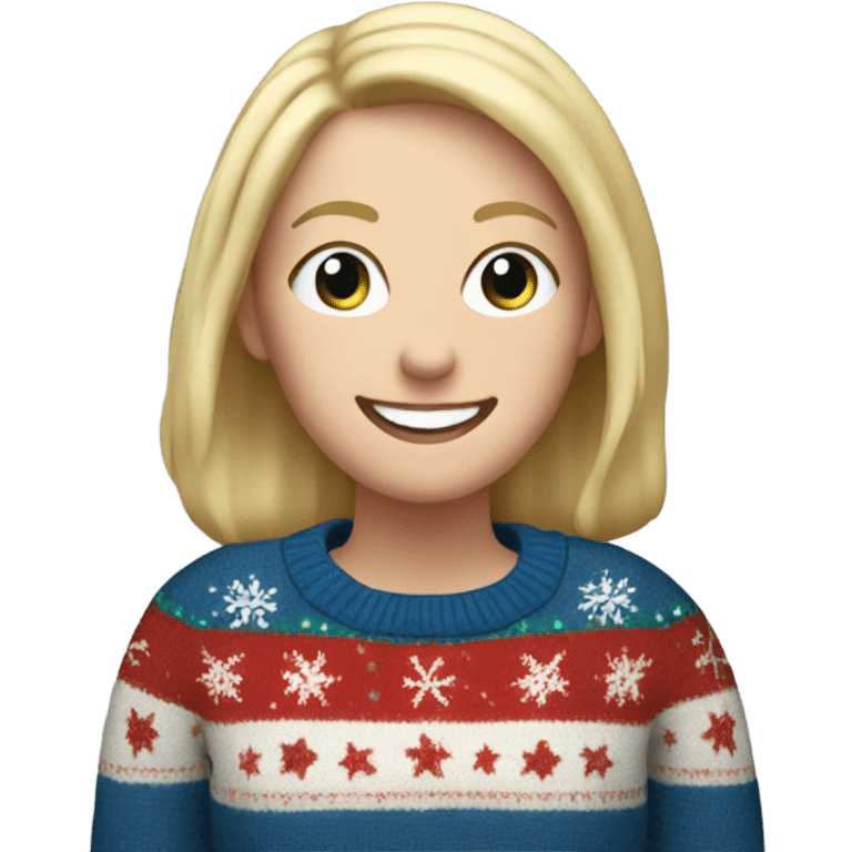 Happy white woman with blonde hair and christmas jumper and with blue jeans  emoji