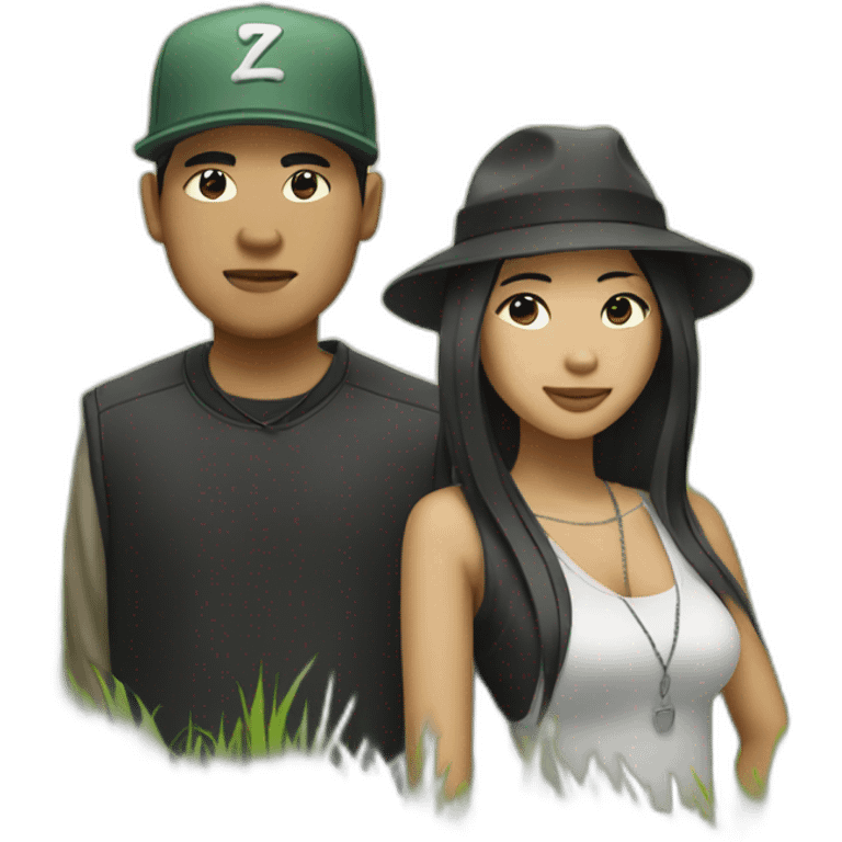 asian male rapper and a female songwriter in a huge grassland emoji