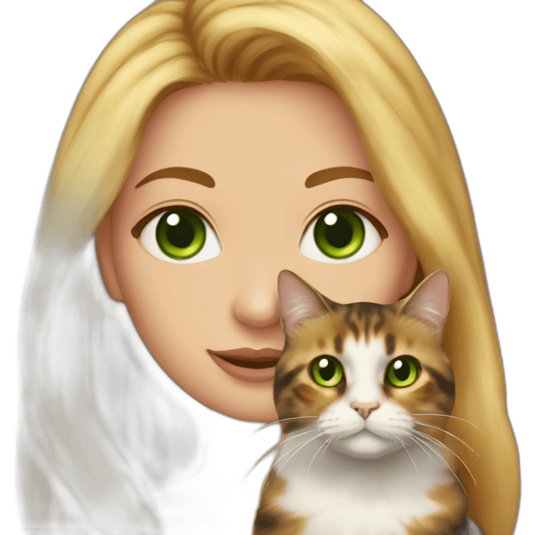 woman with green eyes and long blonde hair is holding a very fluffy and fat tortoiseshell cat emoji