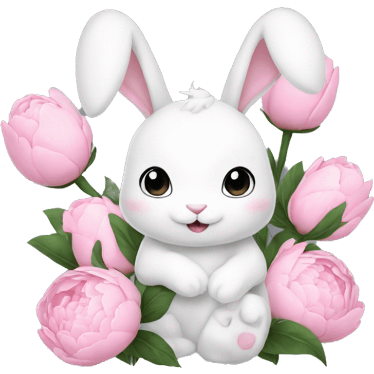 cute white bunny holding light pink peonies emoji