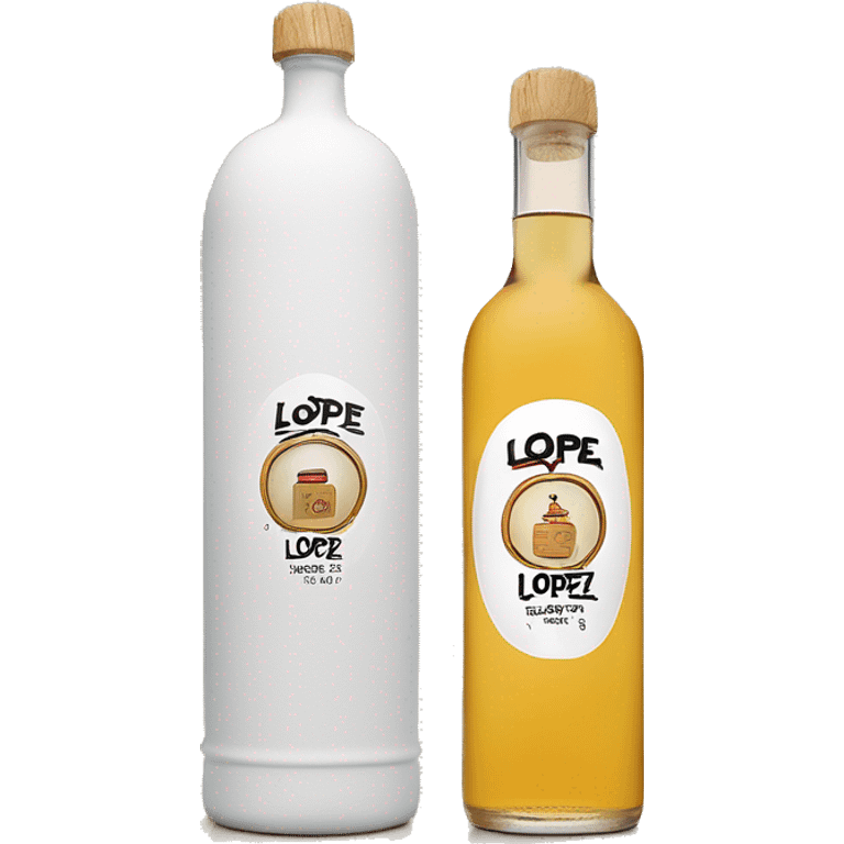 Long cylindrical tequila blanco bottle with the text "lopez" clearly written in the middle of the label and a light wood cap emoji