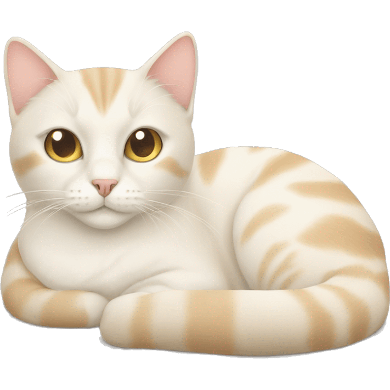 White and light beige cat lying on a bed emoji