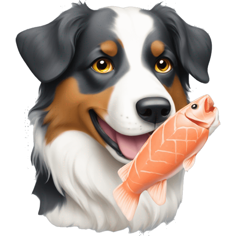 Australian Shepard eating salmon emoji