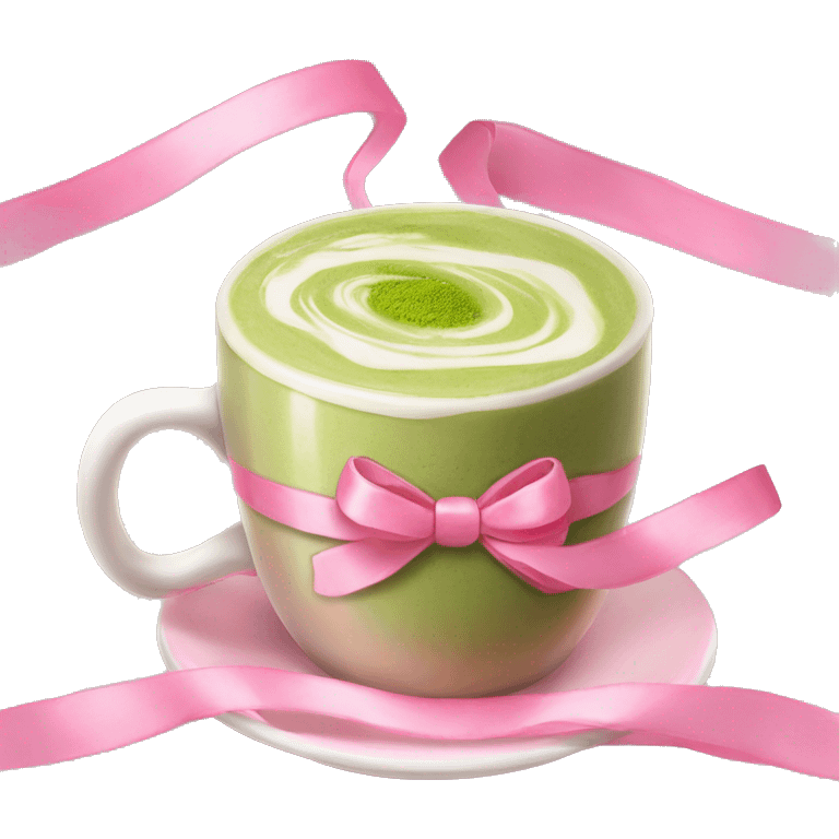 Matcha latte in a mug decorated with painted pink ribbons coquette emoji