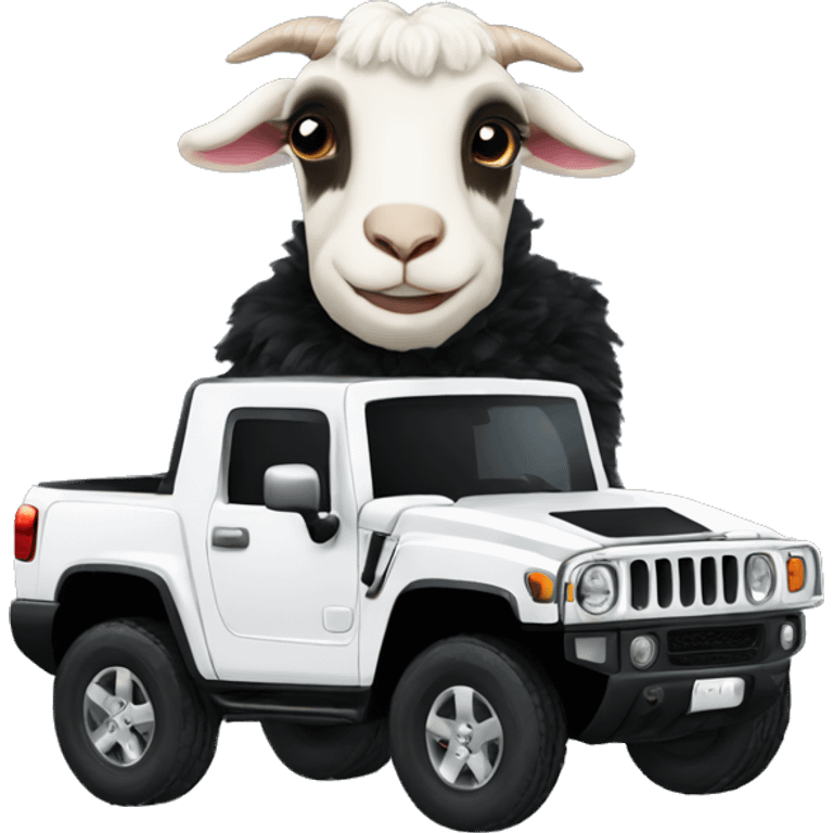 Goat in black puffy coat driving black Hummer emoji