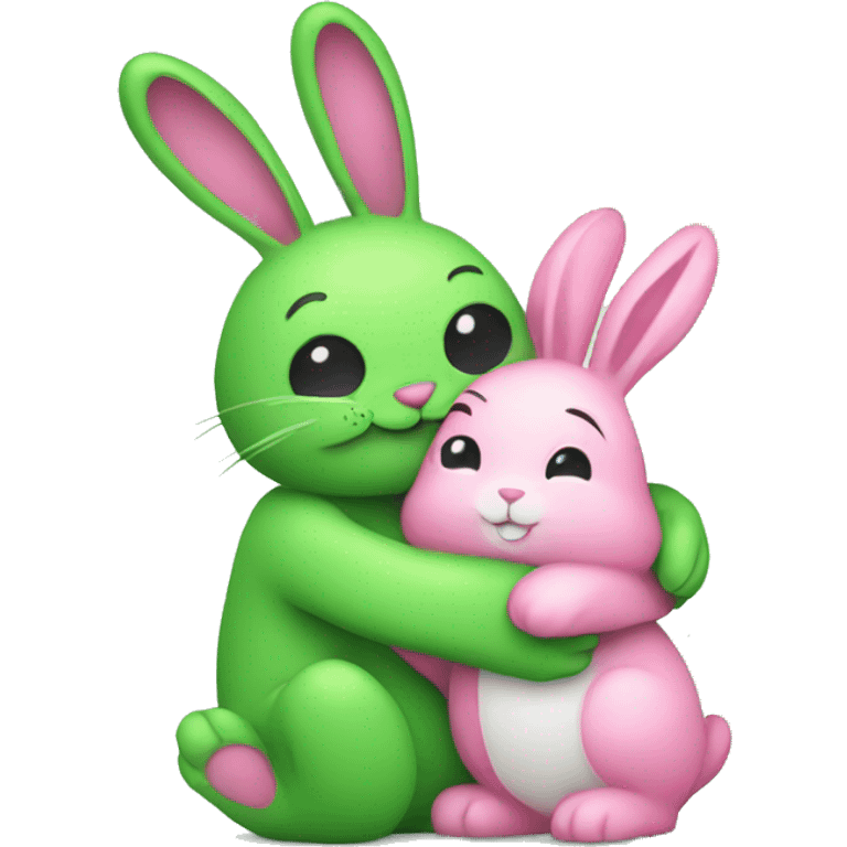 Green bunny hugging pink bunny emoji