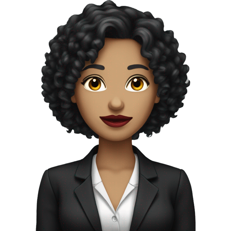 corporate white woman, red lipstick, long black curly hair, with a phone, black shirt, black blazer  emoji