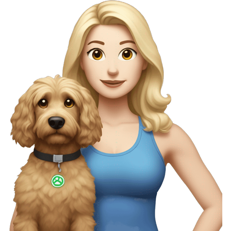 white woman with long blonde hair and cat shaped eyes wearing a yoga outfit standing alongside a tri-colored bernadoodle dog emoji