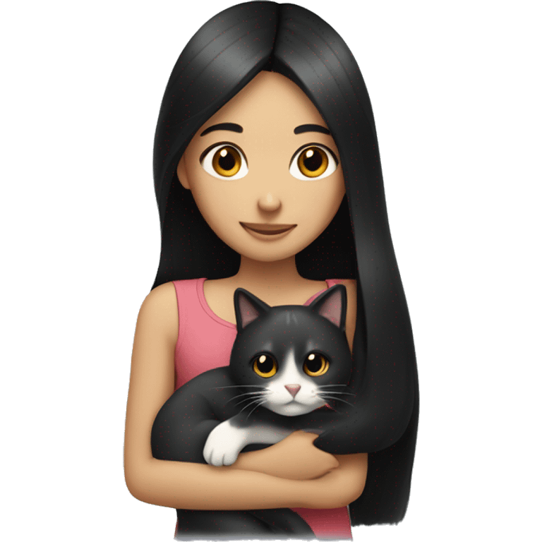 girl with very long black hair and  hugging a cat  emoji