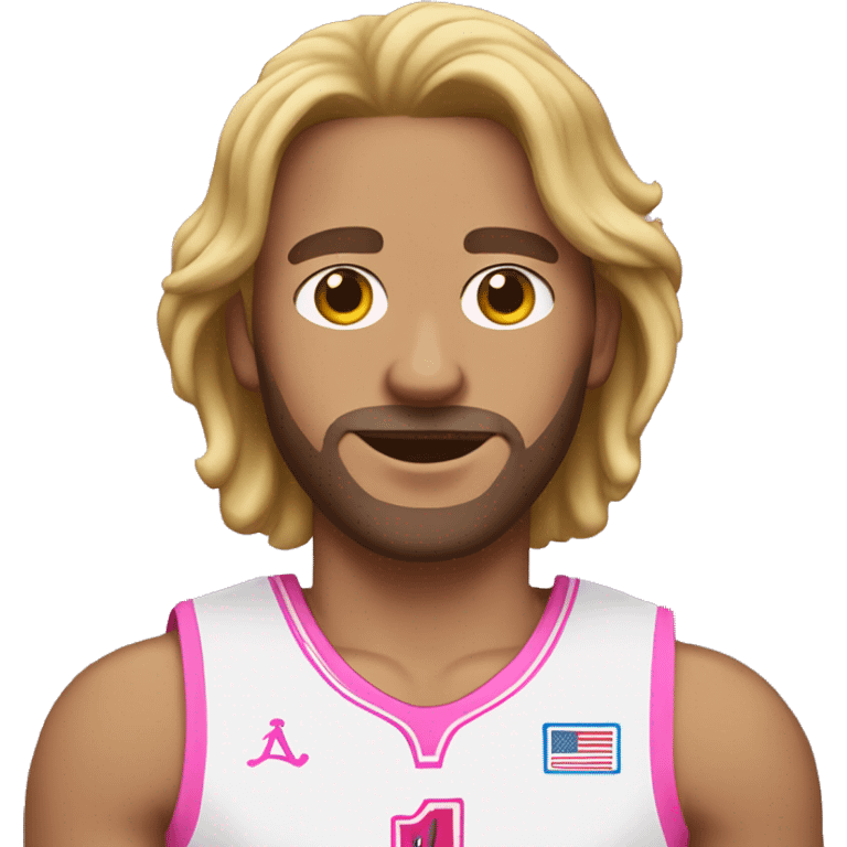 An emoji of a white-skinned man with slightly long hair, wearing a pink basketball jersey and holding a pink basketball emoji