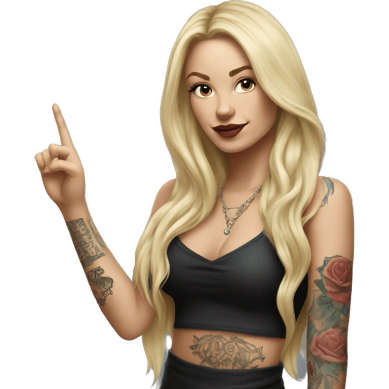 Blonde elegant women with LONG HAIR, her Body Covered with Tattoos, POINTING YOU FORWARD with her HAND with INDEX FINGER, Hyper Realistic emoji