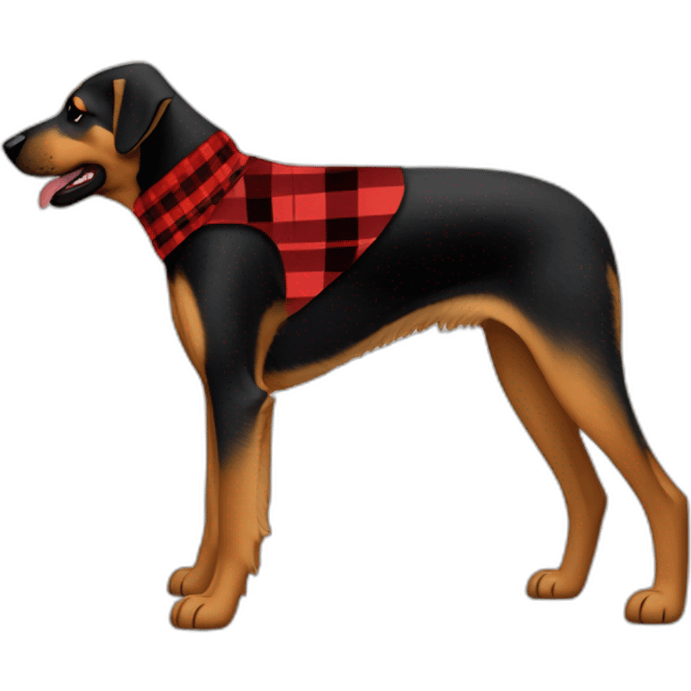 75% Coonhound 25% German Shepherd mix dog wearing small pointed red buffalo plaid bandana pointing down side view full body facing left emoji