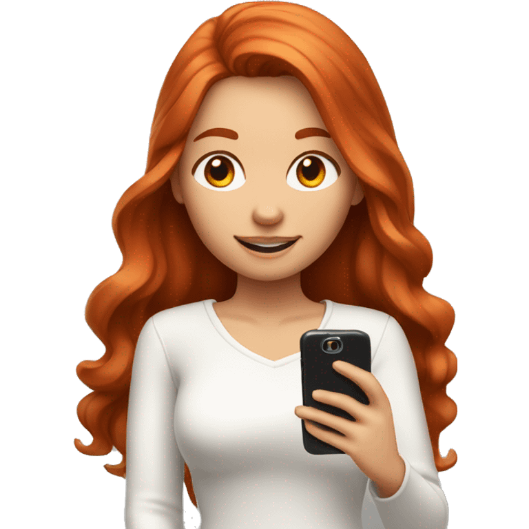 21-Year girl taking selfie in front of mirror. She has red hair, white cloth. She has phone in her hand. Phone has brown case. emoji