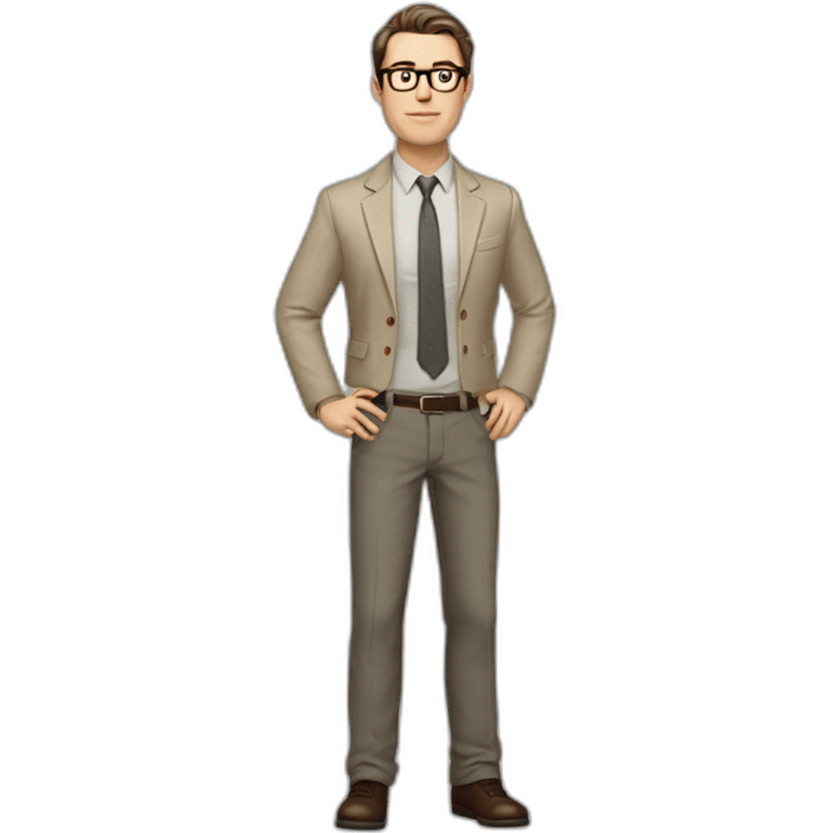 Full height Gesticulating Pale skinned fit man with dark brown hair in gray jacket, beige office shirt, brown tie, brown pants and vintage glasses. emoji