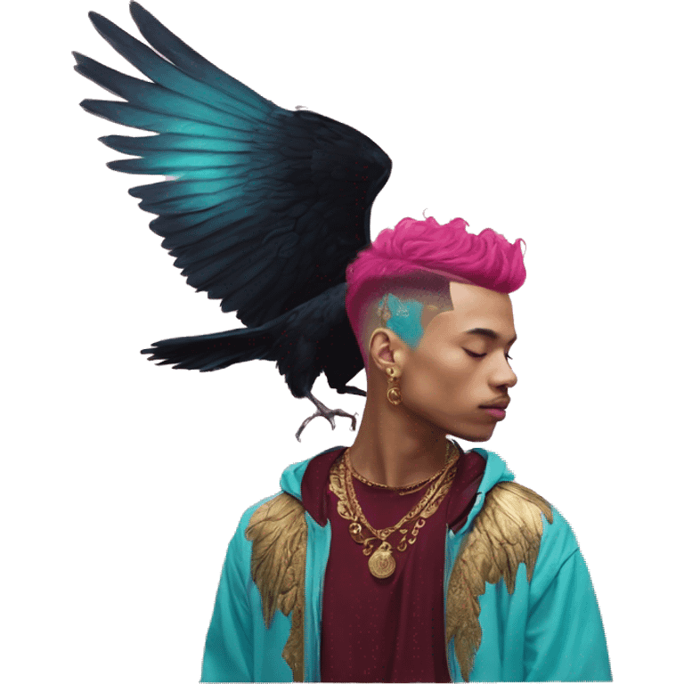 Vintage painting swirls gold jewellery baroque raven wings angel tropical Deep pink maroon burgundy cyan dark hoodie man vitiligo dyed hair gold piercings nose piercing ear piercings emoji