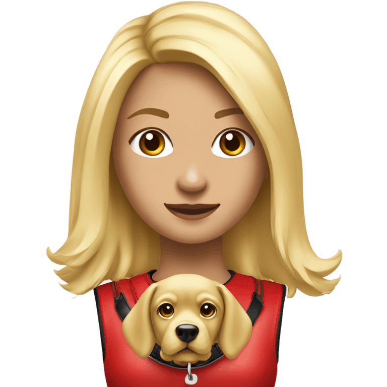 Put a Red leather dog collar and golden tag on a blond white human female with medium length hair and add a red leash connected to the collar. She should also wear a red tank top emoji