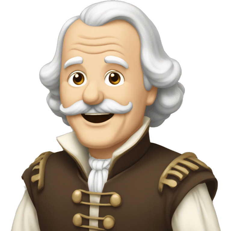 Short pudgy old man over enthusiastic happy excited face bald forehead long wavy gray and brown brunette long wavy hair moustache Shakespearean dress vintage clothes hamlet small arms emoji