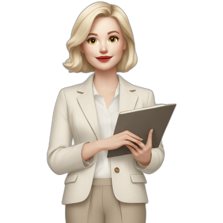 pale skin woman with ash blonde Straightened bob Hair, White Spacious classical jacket, beige palazzo Arrow pants and gray blouse holding a color palette in the hands emoji