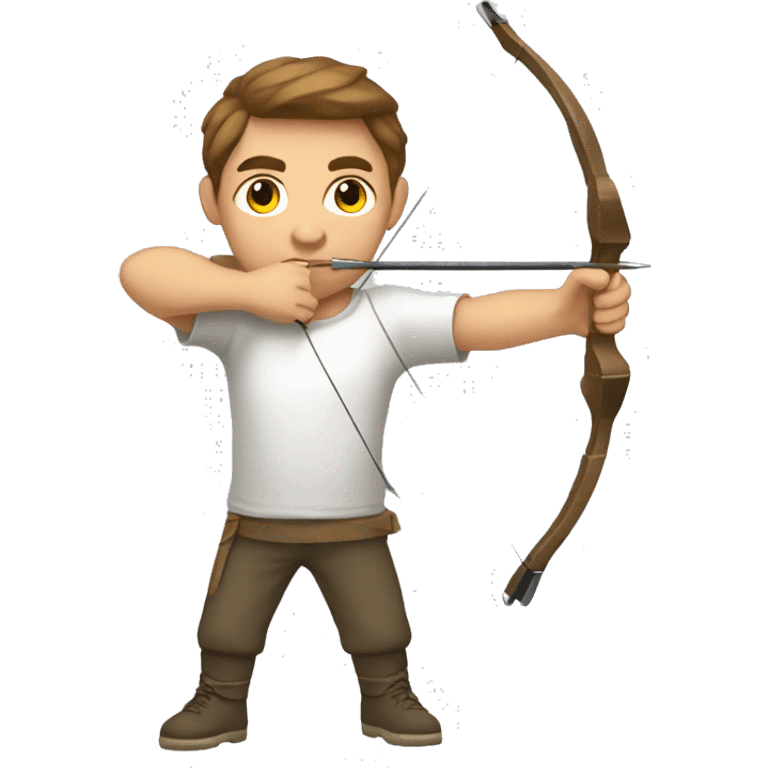 a male archer aiming with a bow looking at his target, wearing a tshirt, brown hair, bright skin, emoji