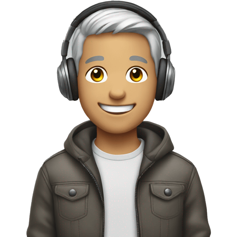 smiling boy by the car gray hair and headphones  emoji