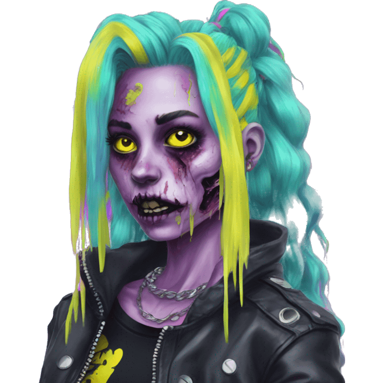 .Zombie_ wearing punk clothes Vaporwave black holographic oilslick zombie unicorn yellow caution tape emoji