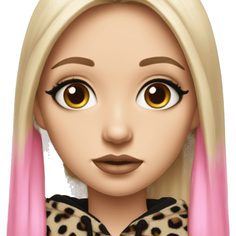 Hyperrealistic white girl with long black hair with a pink fringe and has eye makeup on, she is wearing a black and leopard print hoodie  emoji