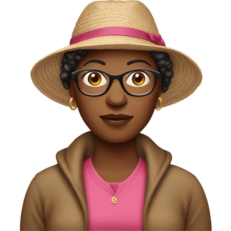 55-year-old Jamaican woman with dark red colored short hair, pink sweater and brown glasses wearing beach hat emoji