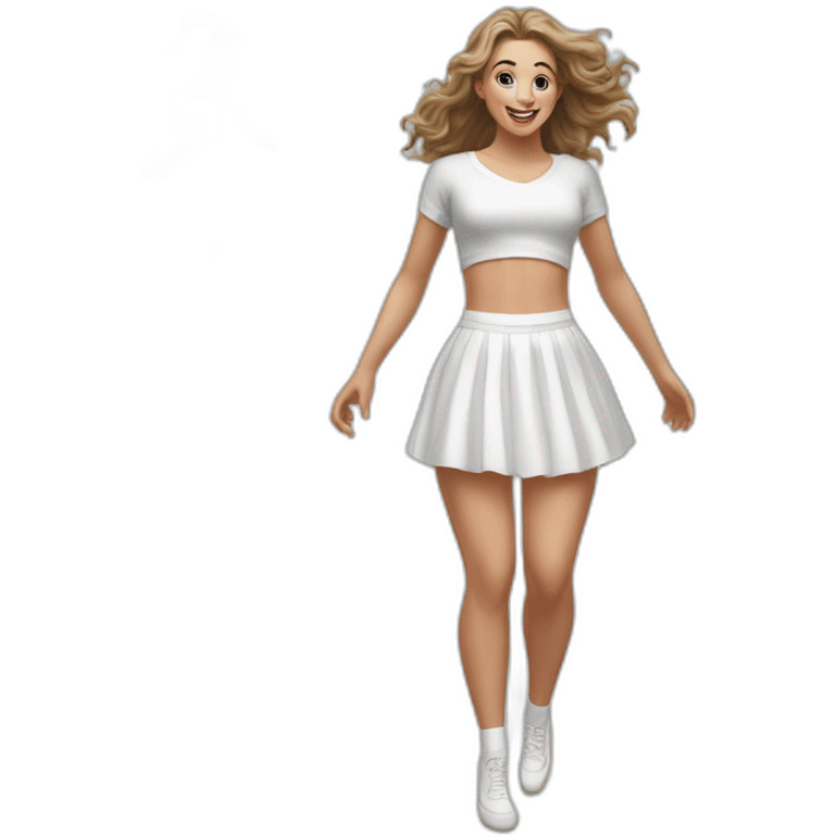 Hyperrealistic Full body Caucasian curvy beauty jumping short white skirt back and front views strong wind knickers long white socks emoji