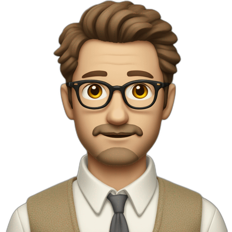 wes anderson character of a 40-year old man with short quiff and hipster beard, brown hair with a bit of grey, white oxford collar shirt all buttoned up (no tie) emoji