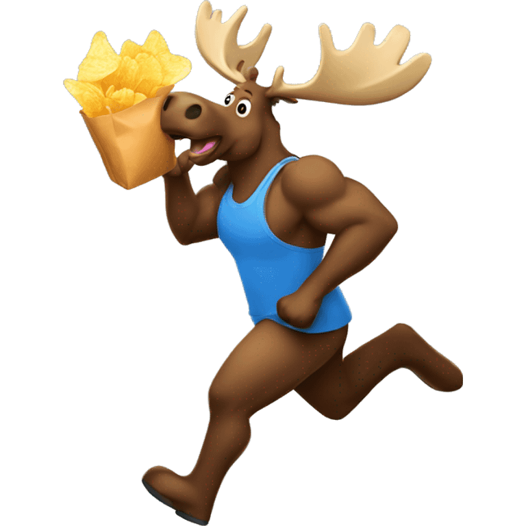 A moose running with a bottle of pop and a bag of potato chips  emoji