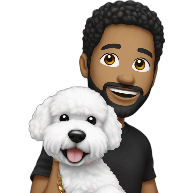 rapper-with hoop-white skin-black hair-beard-bichon dog-white-smile emoji